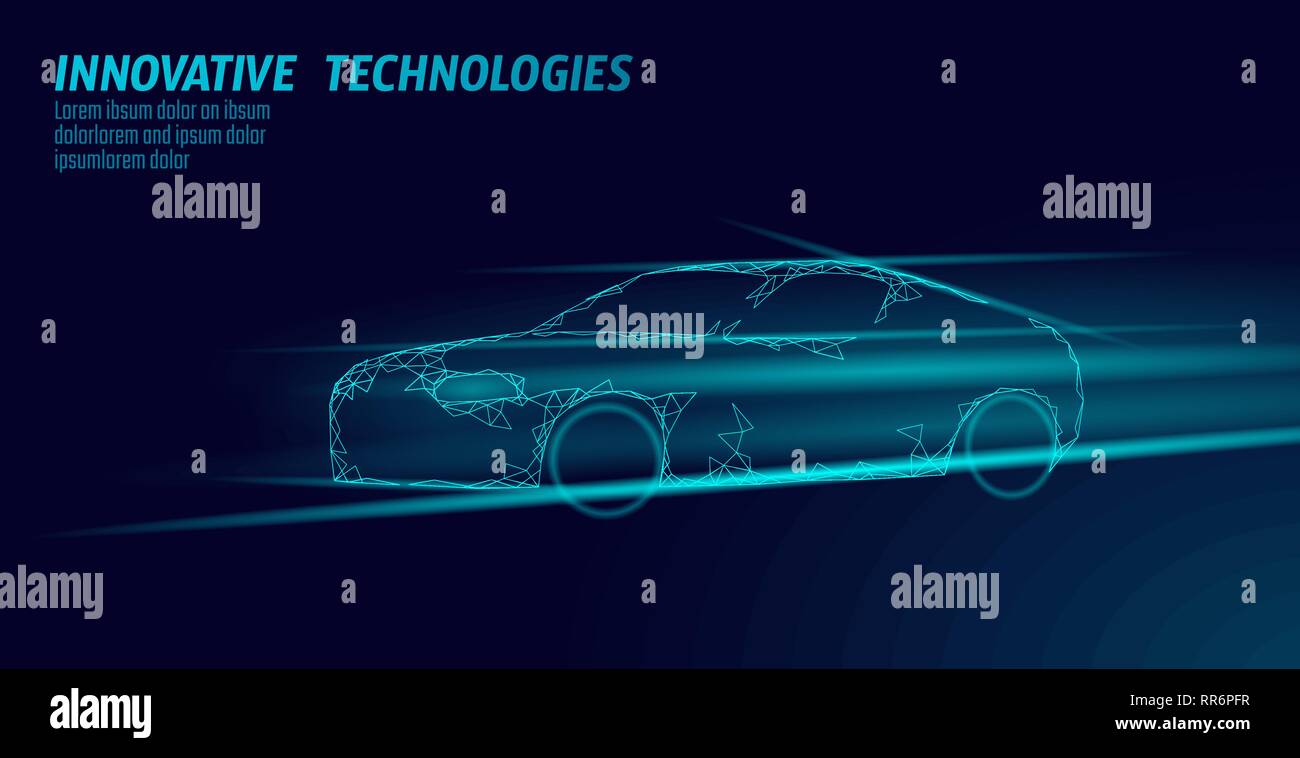 Bassa poli auto sportive su sfondo scuro. Alta velocità autostrada automobile innovativa tecnologia 3D render. Blu brillante raggi di luce geometrica del triangolo Illustrazione Vettoriale