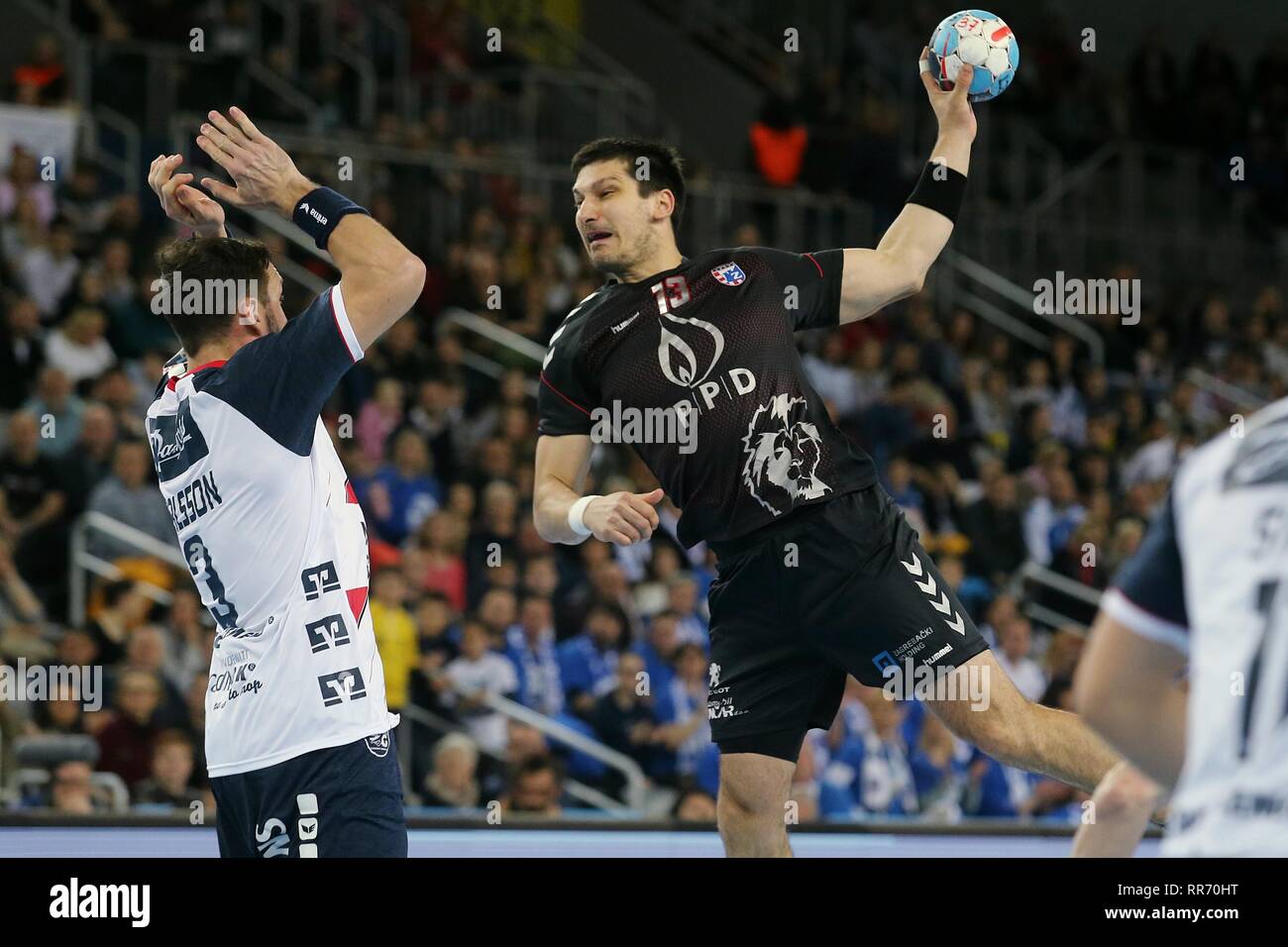 Zagabria, Croazia. 24 Febbraio, 2019. Ivan Srsen (R) del PPD germogli di Zagabria durante il VELUX EHF Champions League match di pallamano PPD tra Zagabria e SG Flensburg-Handewitt a Arena Zagreb Zagreb, Croazia, nel febbraio 24, 2019. PPD perso Zagabria 21-22. Credito: Dalibor Urukalovic/Xinhua/Alamy Live News Foto Stock