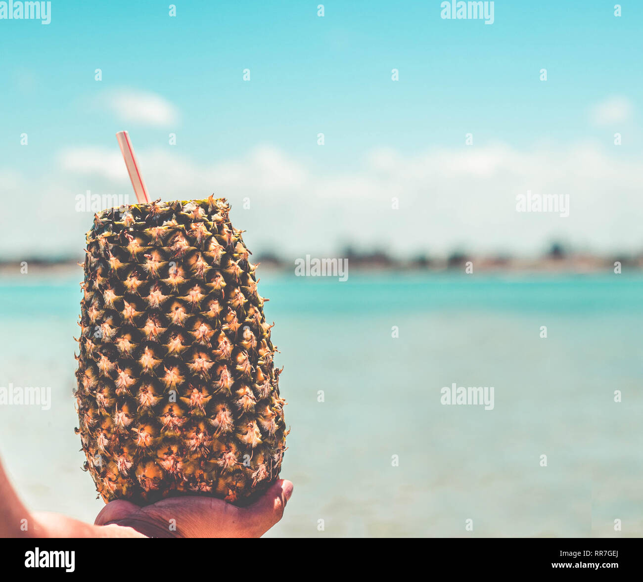 Mano azienda ananas cocktail su un oceano e cielo blu sullo sfondo Foto Stock