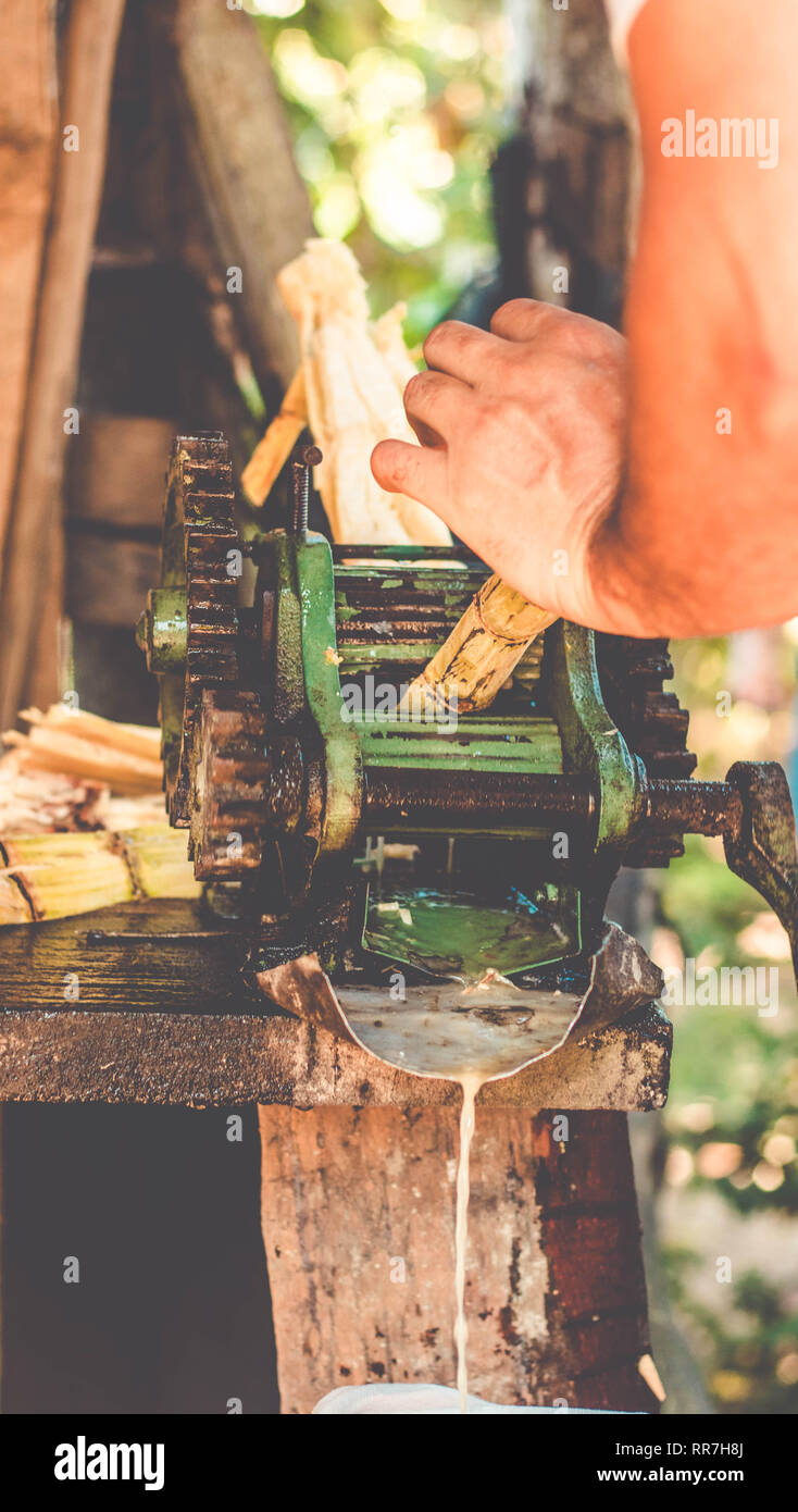 Uomo che fa del succo di canna da zucchero su una vecchia macchina manuale Foto Stock