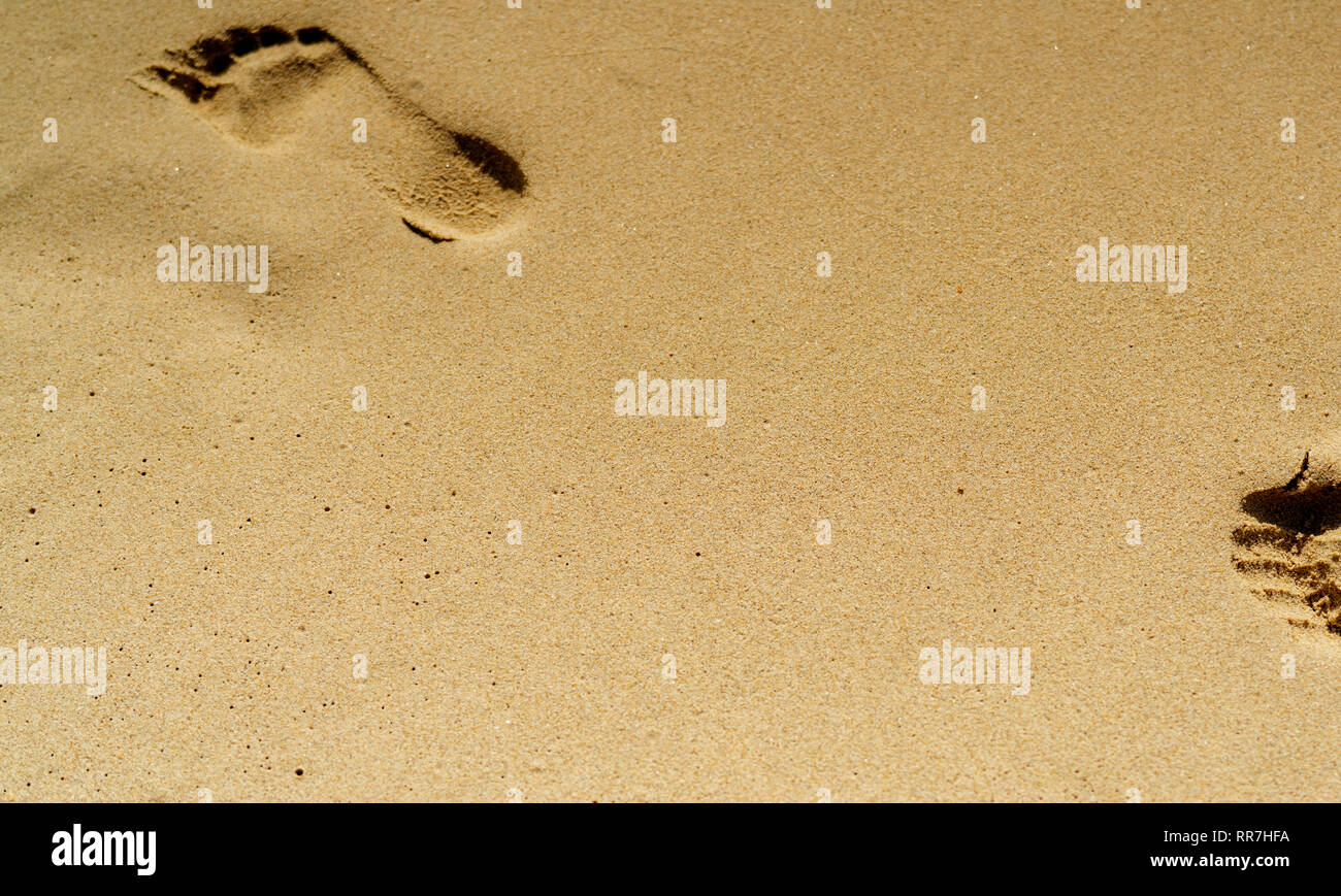 Impronta in sabbia. Impronta del piede nella sabbia sulla spiaggia in estate. Spiaggia di sabbia sullo sfondo. La vacanza estiva in Tropical Paradise beach concetto. Piede umano Foto Stock