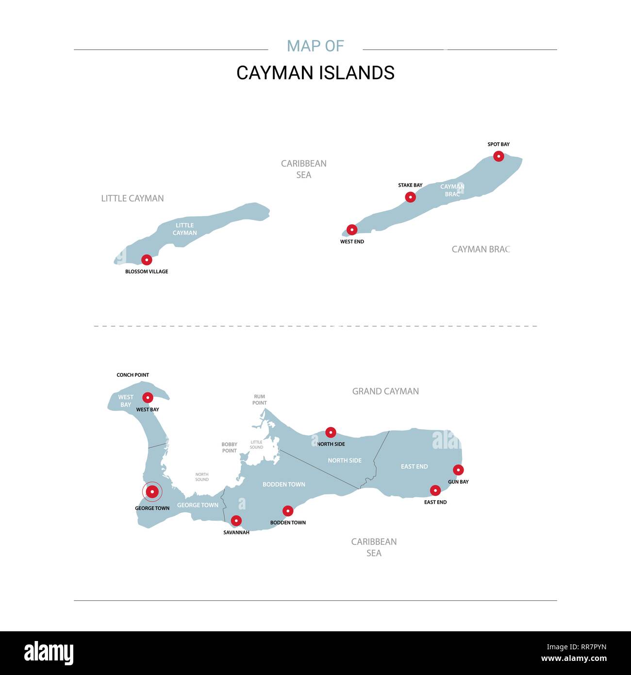 Isole Cayman mappa vettoriale. Modello modificabile con le regioni, le città, i pin di colore rosso e blu superficie su sfondo bianco. Illustrazione Vettoriale