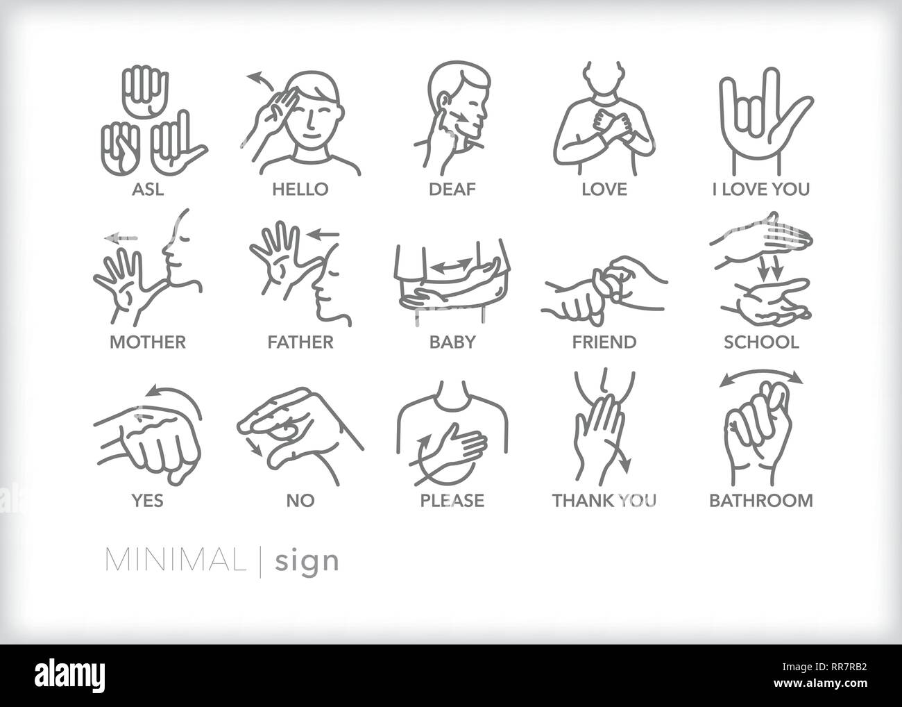 Set di 15 lingua dei segni le icone della linea che mostra come comunicare senza parole verbale ma attraverso la mano e movimenti del braccio Illustrazione Vettoriale