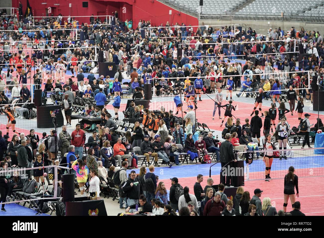 I tribunali sono ricoperti di pallavolo femminile squadre durante un torneo in Phoenix, Arizona. Foto Stock