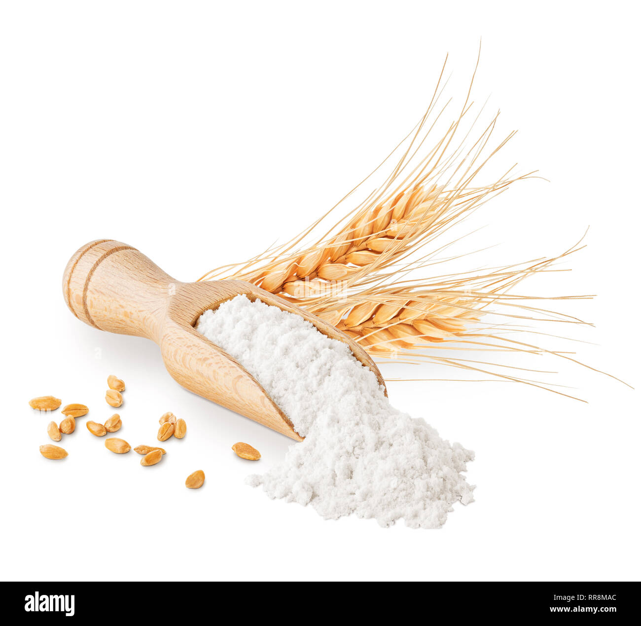 Tutta la granella di farina di frumento e le orecchie isolato su bianco Foto Stock