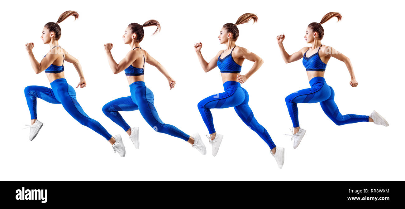 Giovane donna runner in blu sportswear saltare in aria. Foto Stock
