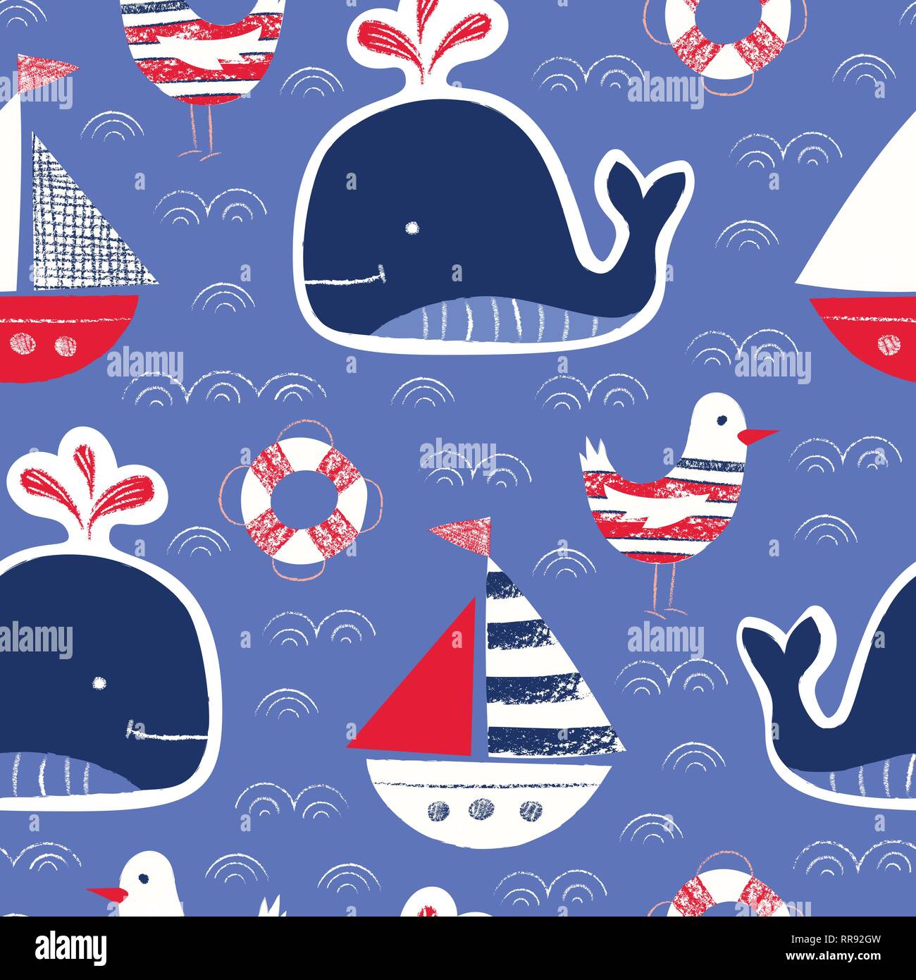 Whimsical carino, Hand-Drawn con matite colorate, balena, nave, Seagull, salvagente Vector Seamless Pattern su sfondo blu. Mare nautico, oceano creature disegnare Illustrazione Vettoriale