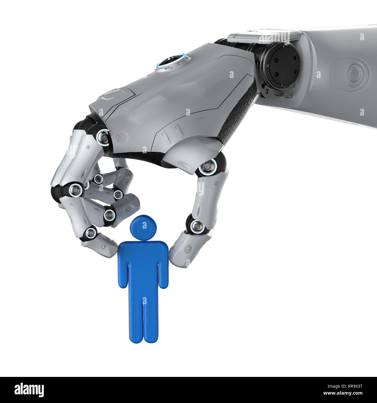 Intellegence artificiale il concetto di manipolazione con 3D rendering robot tenere in mano l'uomo Foto Stock