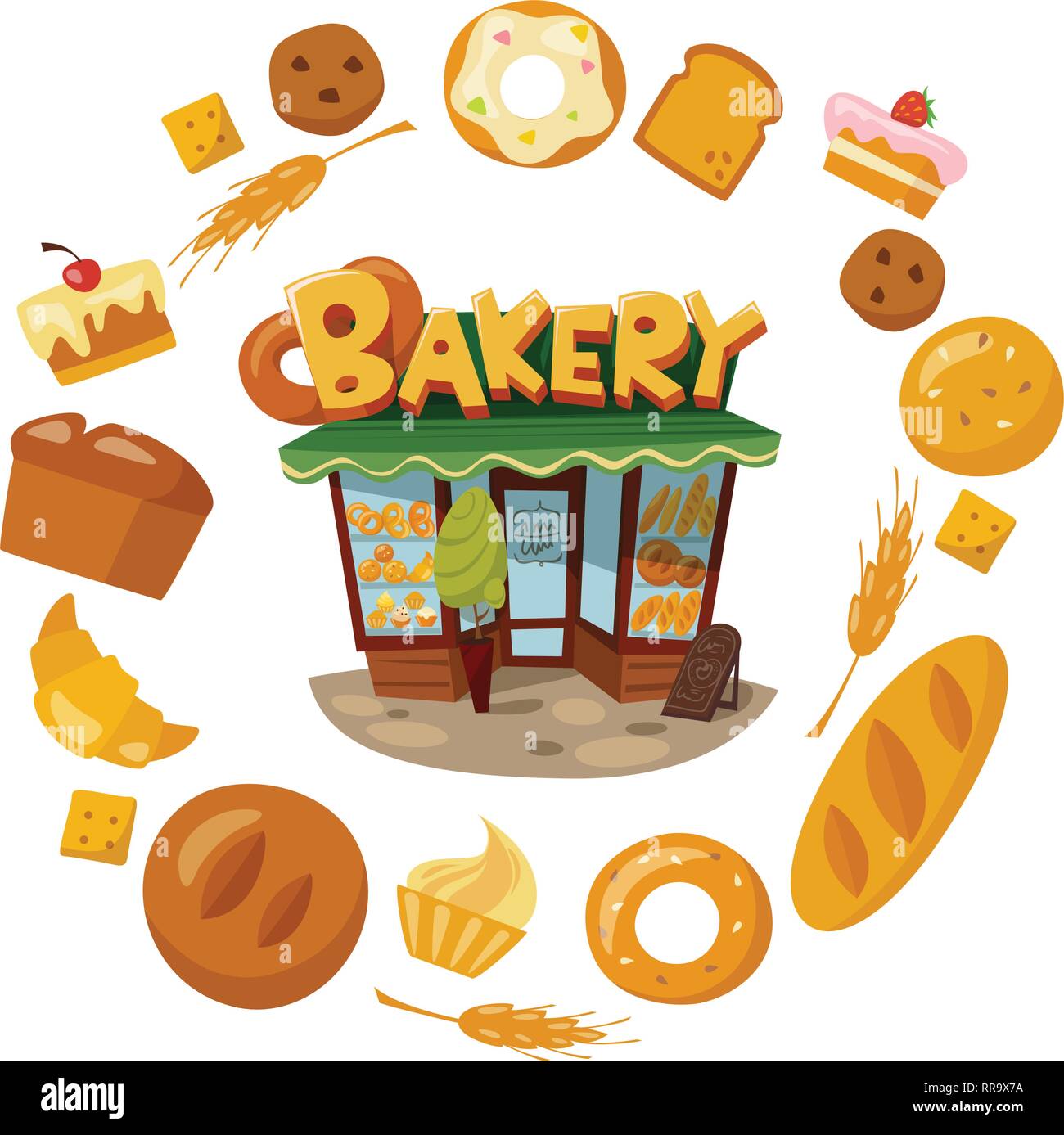 Infografico e panetteria pane set di icone con elementi di cibo. Illustrazione Vettoriale