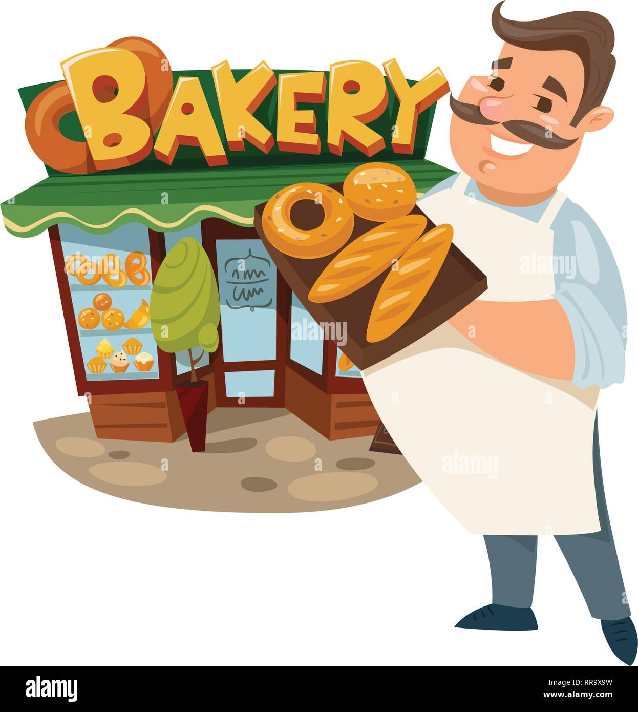 Illustrazione vettoriale di un fornaio in piedi vicino a un forno. Illustrazione Vettoriale