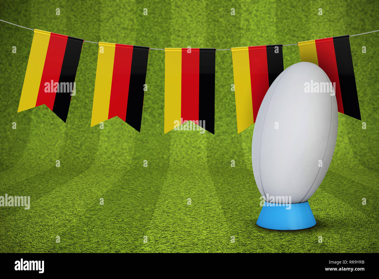 Bandiera della Germania bunting con una palla da rugby e il passo. Il rendering 3D Foto Stock