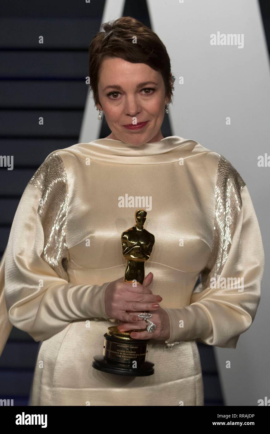 Los Angeles, California, USA. Il 25 febbraio, 2019. Olivia Colman assiste il Vanity Fair Oscar Party a Wallis Annenberg Center for the Performing Arts di Beverly Hills, Los Angeles, Stati Uniti d'America, il 24 febbraio 2019. | Utilizzo di credito in tutto il mondo: dpa picture alliance/Alamy Live News Foto Stock