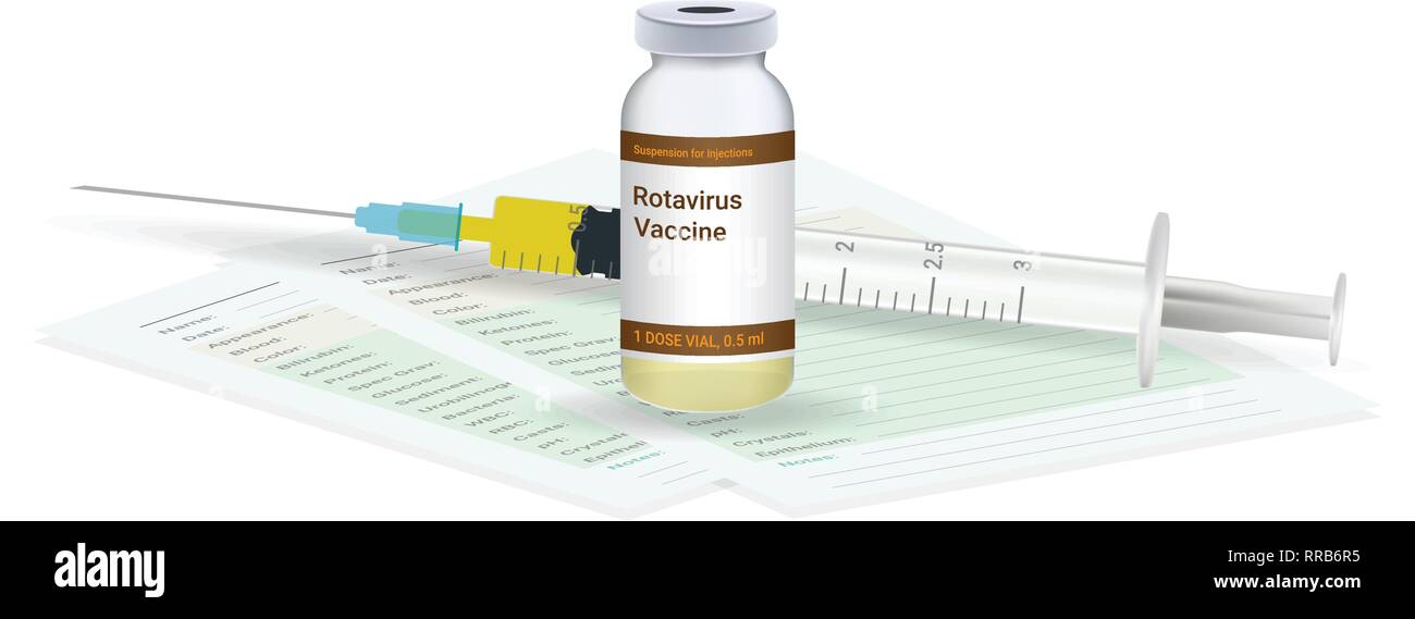 Immunizzazione, di vaccino di rotavirus Test Medici, il flaconcino e la siringa è pronta per l'iniezione un colpo di vaccino isolato su uno sfondo bianco. Vettore Illustrazione Vettoriale