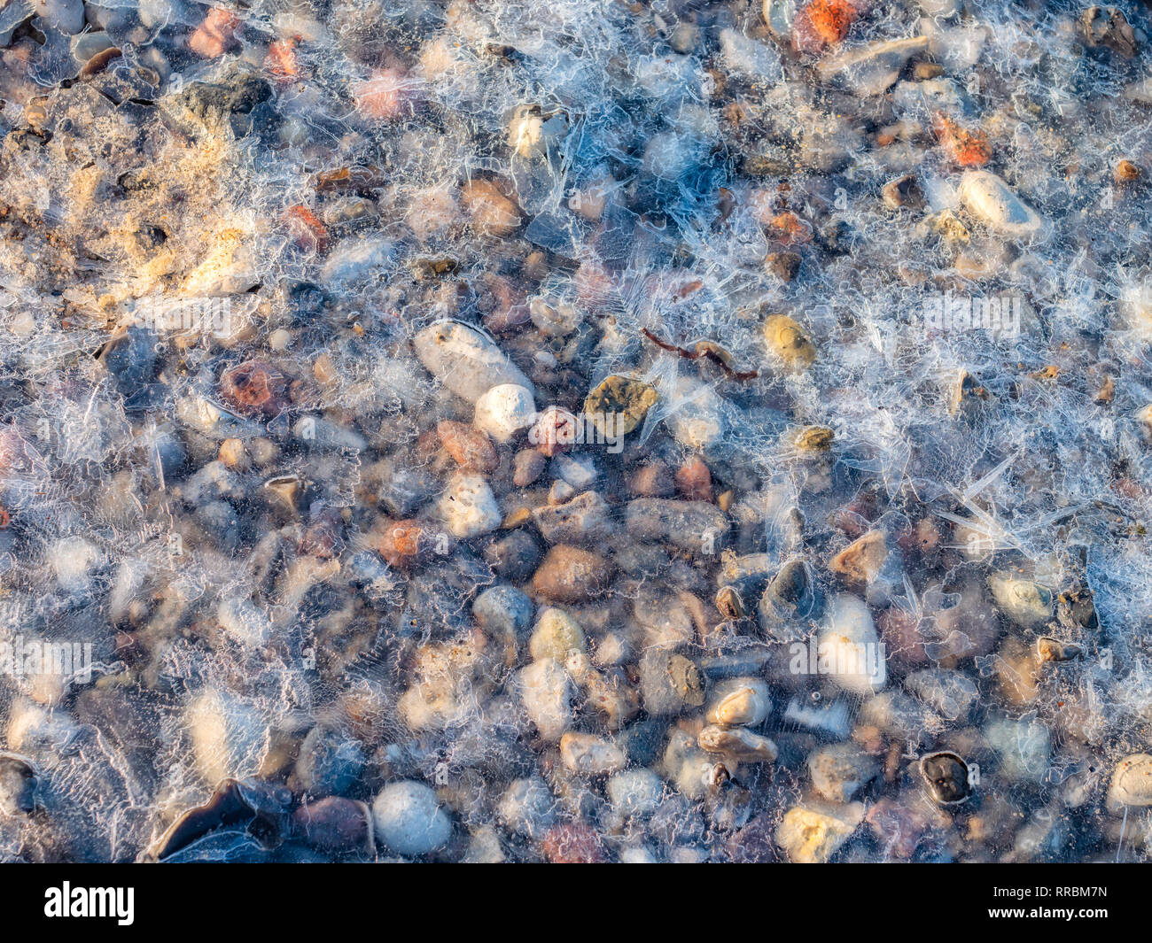 I cristalli di ghiaccio su un suolo pietroso terreno bagnato su una chiara mattina Foto Stock