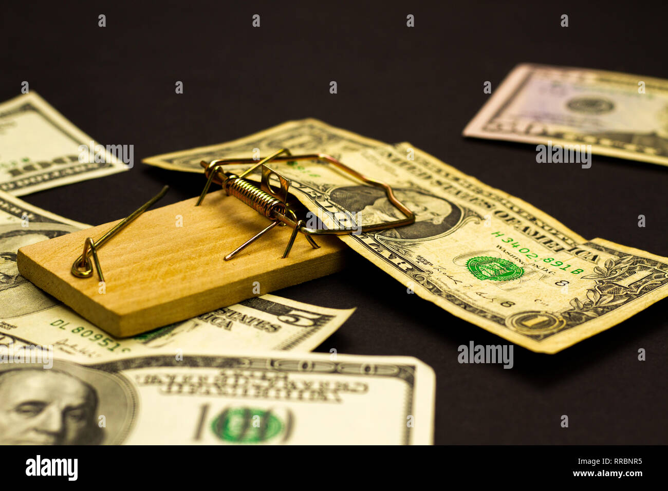 Elegante studio dark concetto di denaro, valuta e mousetrap. L'avidità e il desiderio per un rapido denaro facile. Pericoloso di investimento ad alto rischio in stock Foto Stock