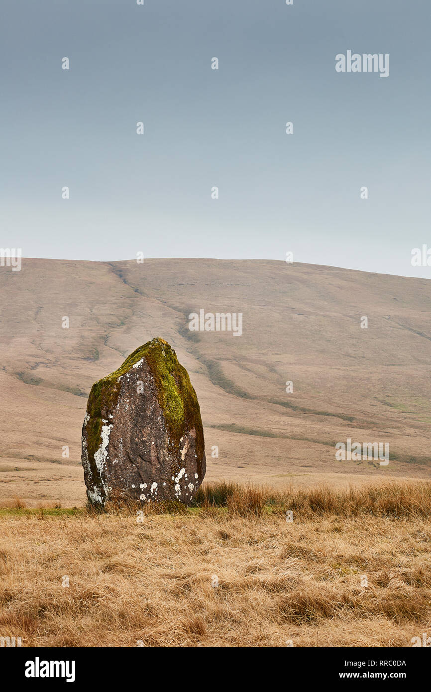Significa Llúria una pietra permanente realizzato dalla vecchia pietra arenaria rossa nella brughiera del Parco Nazionale di Brecon Beacons, Powys, il Galles, la Gran Bretagna, Regno Unito Foto Stock