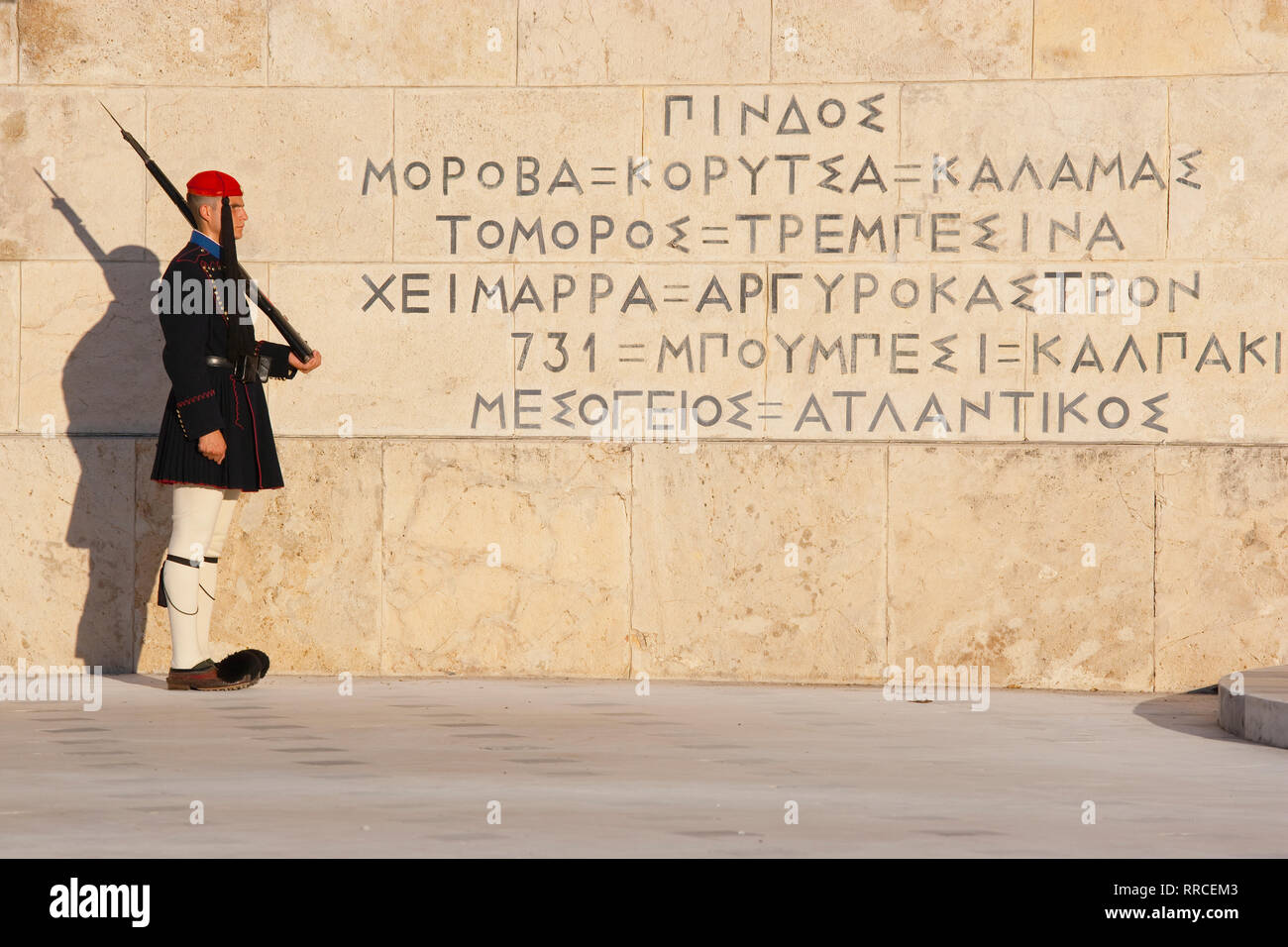 La Grecia, Attica, Atene, Evzones soldato greco sulla parata al di fuori dell'edificio del Parlamento. Foto Stock