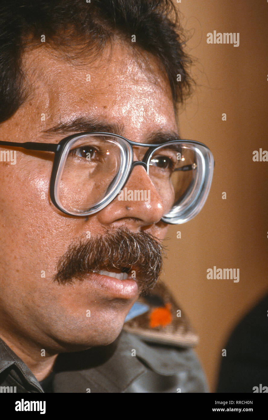 CARACAS, Venezuela - 3 febbraio 1989: Daniel Ortega, Presidente del Nicaragua, a news conferenza. Foto Stock