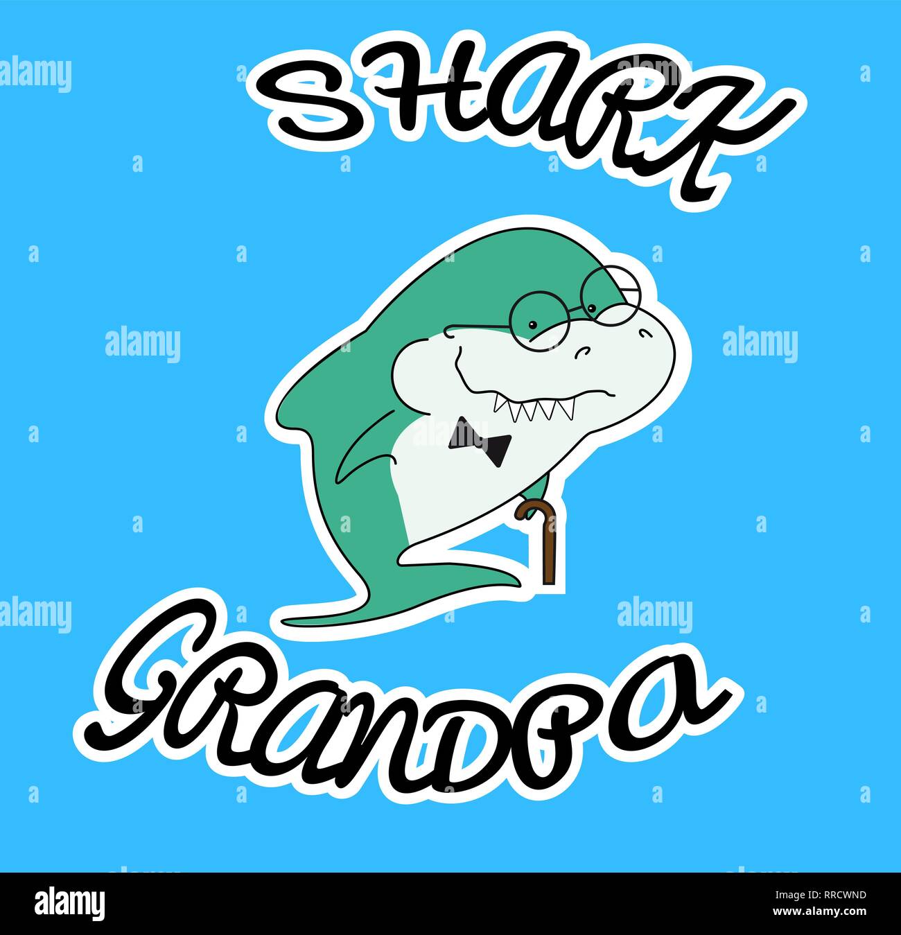 Famiglia di squali. Il nonno shark la canna da zucchero e il filtro bow tie. Cartoon carino carattere verde con occhiali di animali marini. Sticker isolato su bianco contur. Blue bac Illustrazione Vettoriale