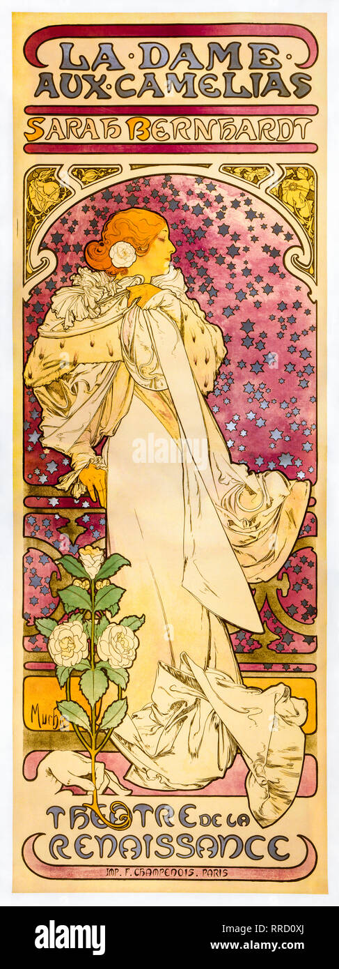 La Signora delle Camellie (Sarah Bernhardt), Alphonse Mucha, poster teatrale - 1896, stampa litografica a colori Foto Stock