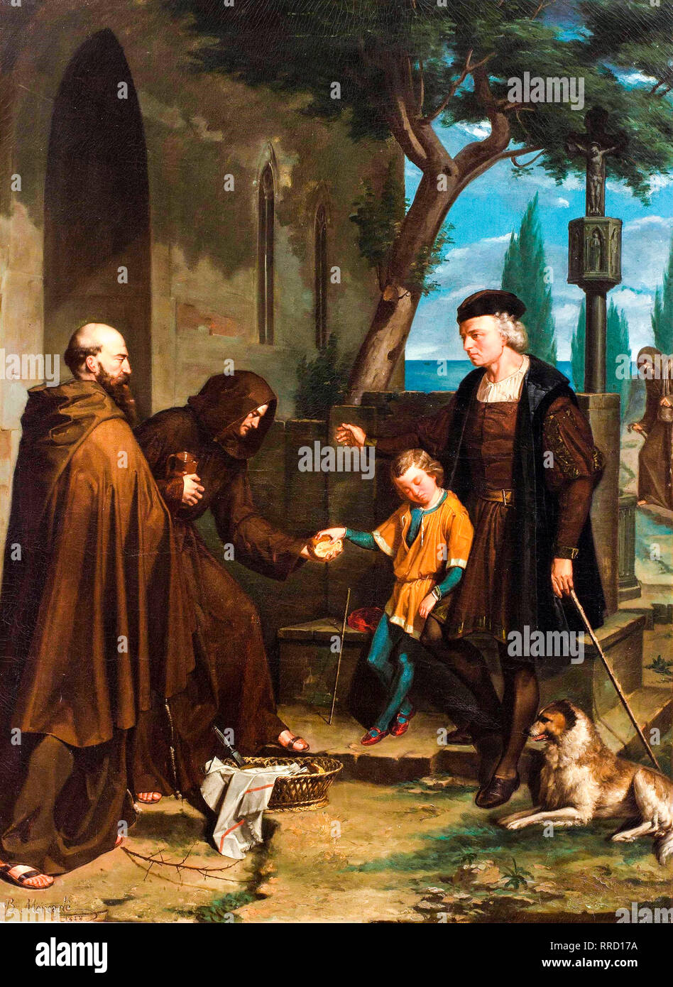 Cristoforo Colombo alle porte del monastero di Santa Maria de la Rabida con suo figlio diego, Benito Mercade, 1858, pittura Foto Stock