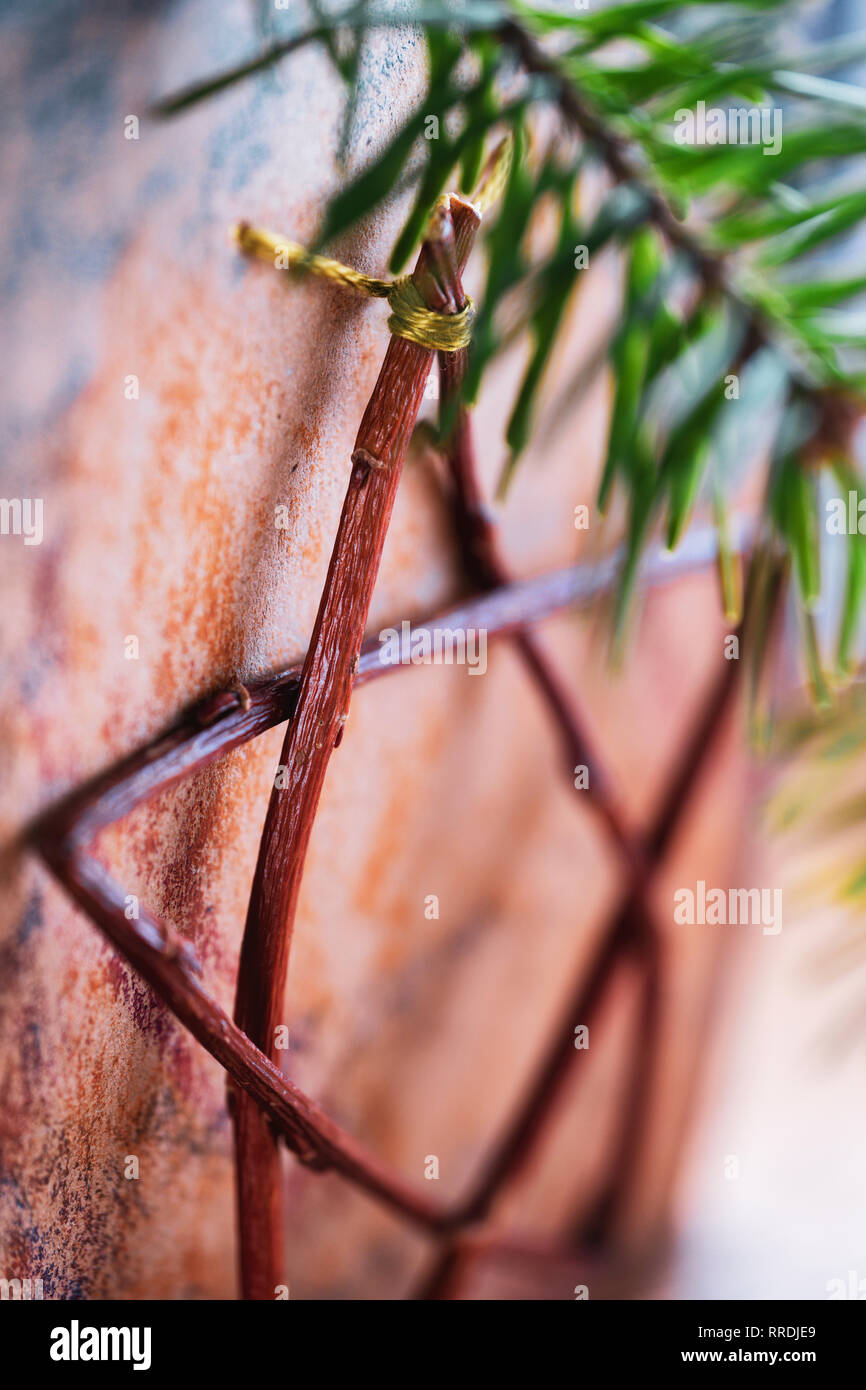 Fatte a mano la scheda di Natale con una stella fatta da rametti. Foto Stock