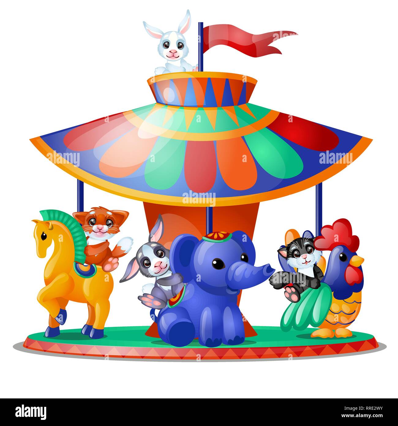 Carino divertente animali animati ride la giostra isolati su sfondo bianco. Merry-go-round. Vector cartoon close-up illustrazione. Illustrazione Vettoriale