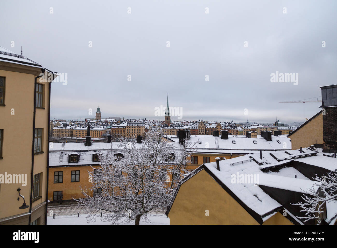 Vista sui tetti innevati con Riddarholmen dietro a un inverno nevoso giorno, Stoccolma Svezia Foto Stock