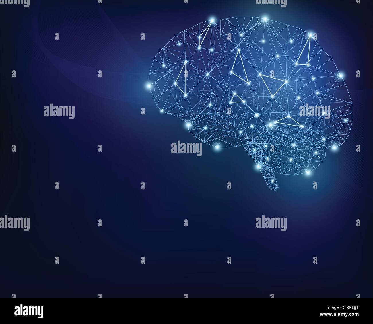 Cervello dal poligono mesh, con punti luce. Illustrazione Vettoriale