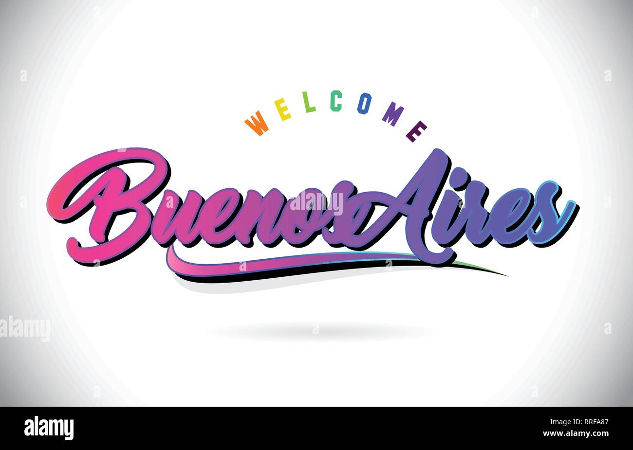 BuenosAires Benvenuti alla parola del testo con Creative purple rosa Font manoscritta e Swoosh Design Forma illustrazione vettoriale. Illustrazione Vettoriale