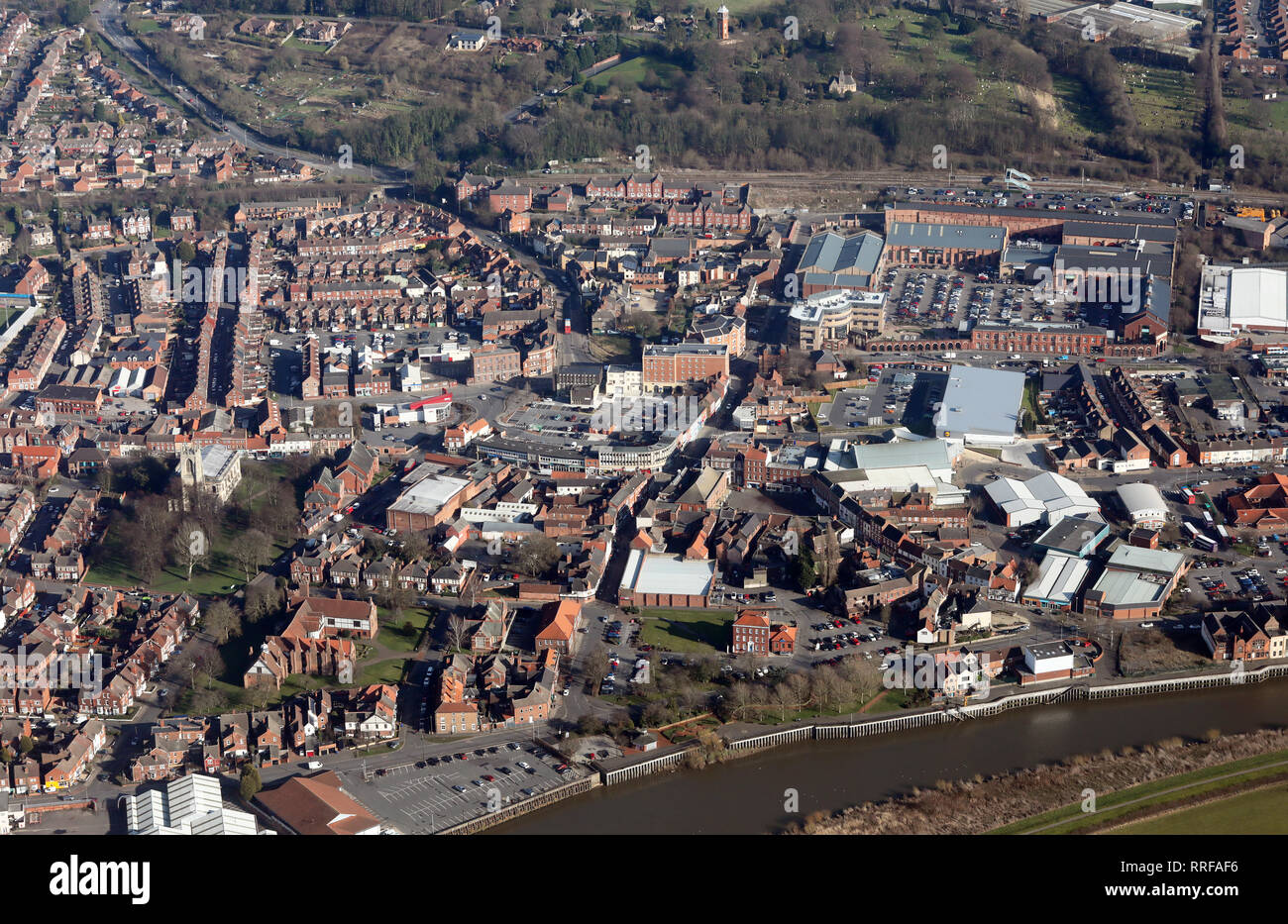 Vista aerea del Gainsborough Town Center, Lincolnshire Foto Stock