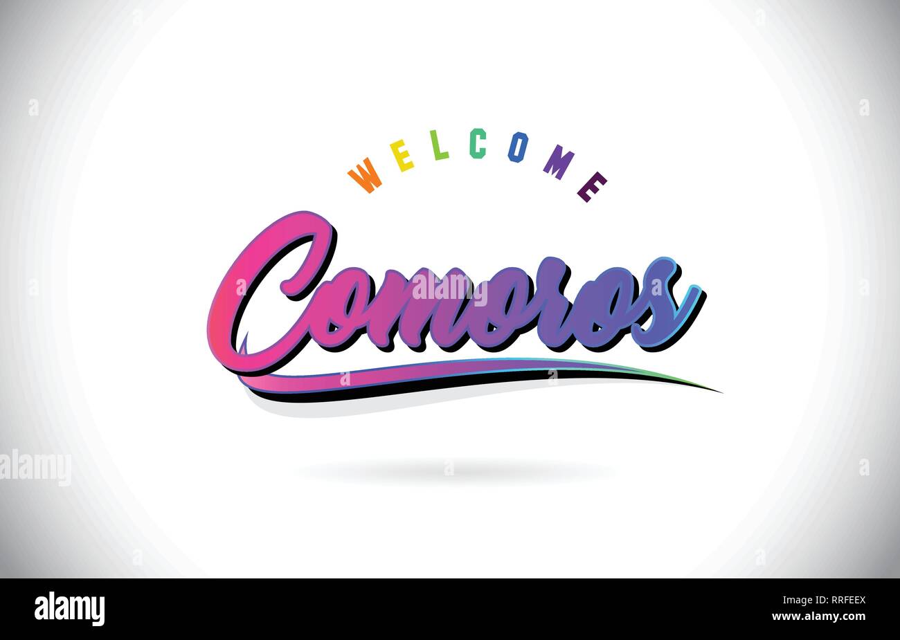 Comore Benvenuti alla parola del testo con Creative purple rosa Font manoscritta e Swoosh Design Forma illustrazione vettoriale. Illustrazione Vettoriale