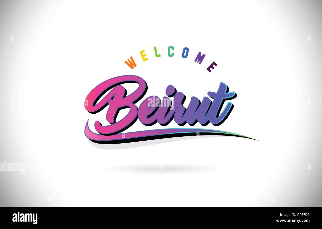 Beirut Benvenuti alla parola del testo con Creative purple rosa Font manoscritta e Swoosh Design Forma illustrazione vettoriale. Illustrazione Vettoriale