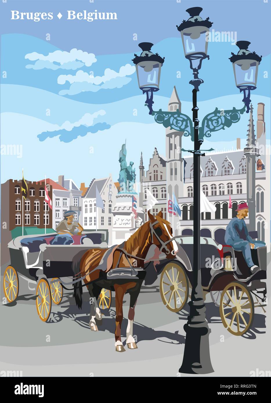 Vista sul Grote Markt Square nella città medievale di Bruges, Belgio. Punto di riferimento del Belgio. Cavalli, carri e lanterne sulla piazza del mercato di Bruges. Colorata Illustrazione Vettoriale