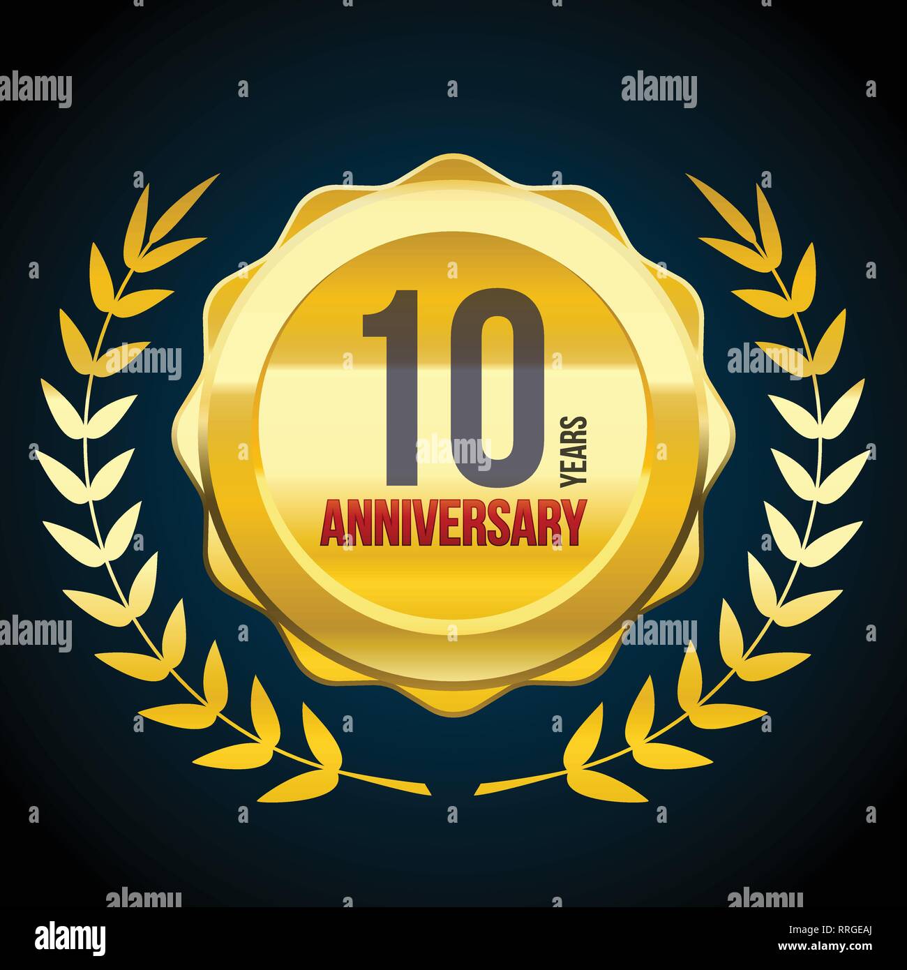 10 anni di anniversario di oro e rosso logo badge. Illustrazione Vettoriale eps.10 Illustrazione Vettoriale