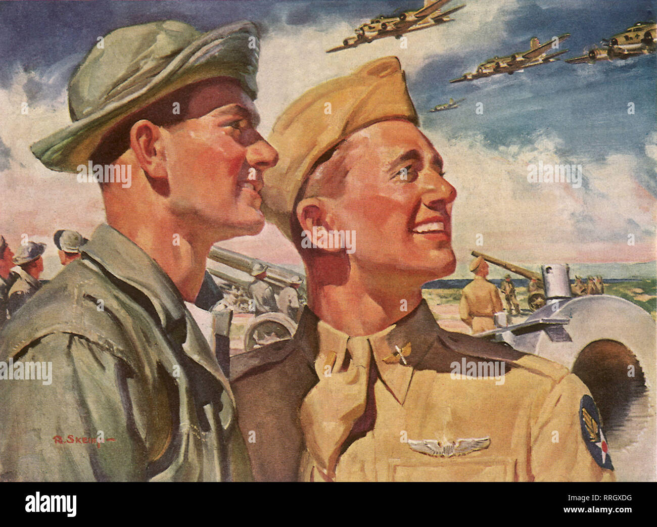 Sorridente esercito aviatori guarda il decollo. Foto Stock