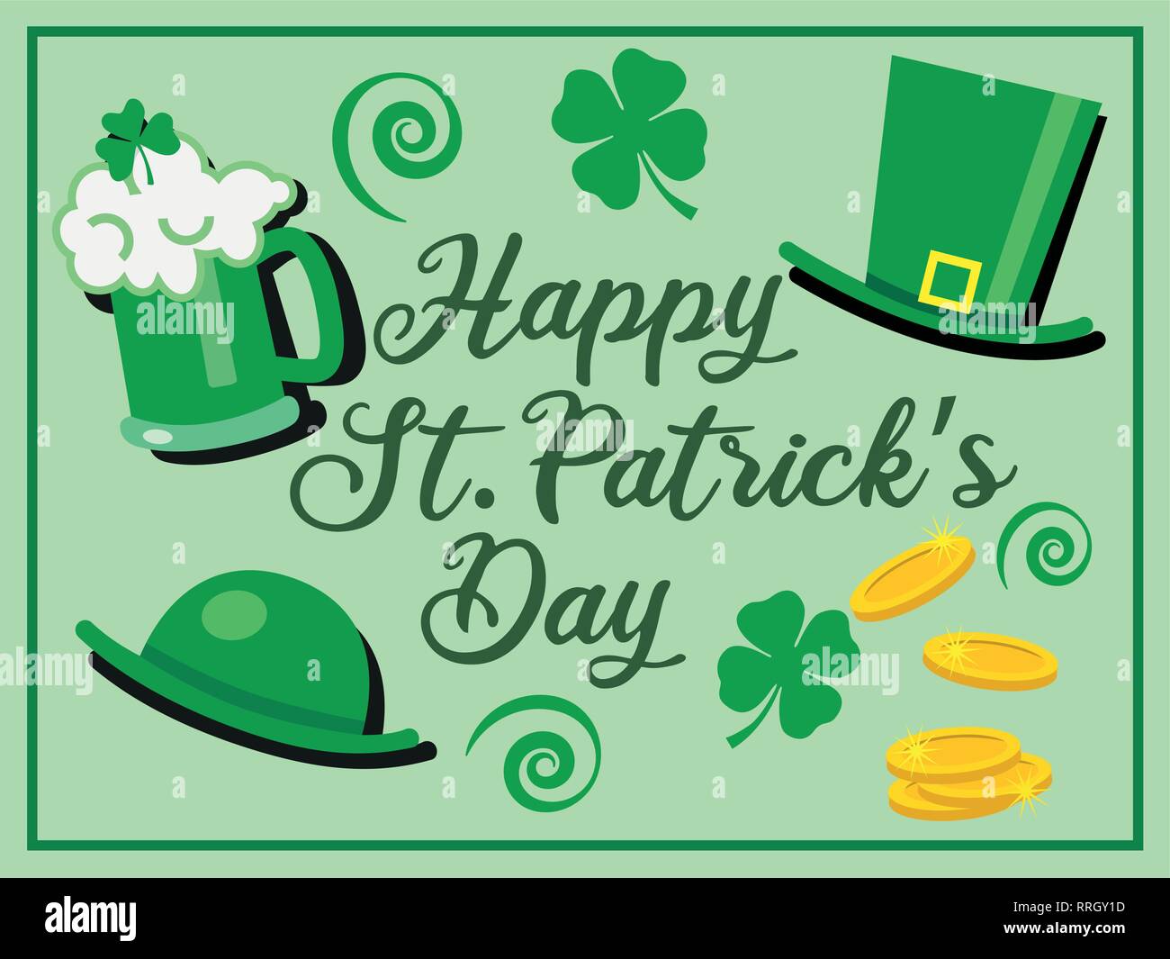 Il giorno di san patrizio festa di saluto con felice il giorno di San Patrizio nel testo verde e bicchiere di birra, cappelli e shamrock fiori - illustrazione vettoriale Illustrazione Vettoriale