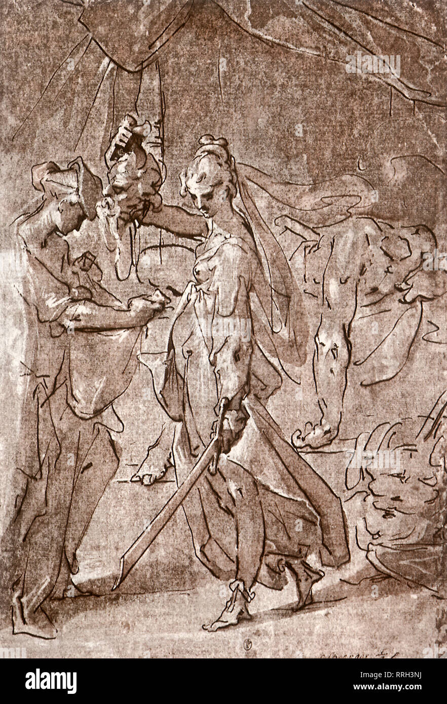 Judith dando la testa di Holophernes ad un servo. Foto Stock