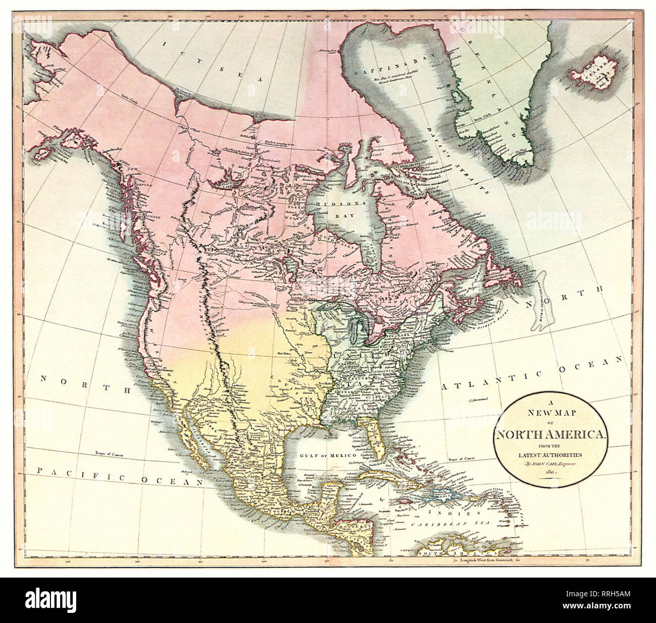 Mappa del Nord America 1811. Foto Stock