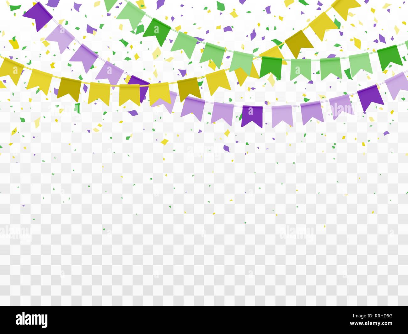 Seamless pattern orizzontale bel giallo, verde, viola le bandiere e coriandoli. Mardi Gras Party. Carnevale veneziano Mardi Gras party. Il design del vettore w Illustrazione Vettoriale