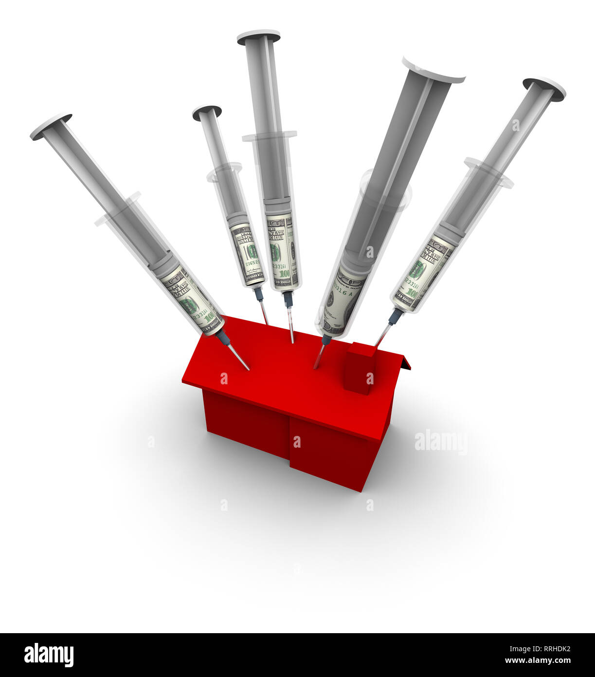 Alta risoluzione 3D illustrazione della casa rossa essendo iniettato con 100 le fatture del dollaro. Foto Stock