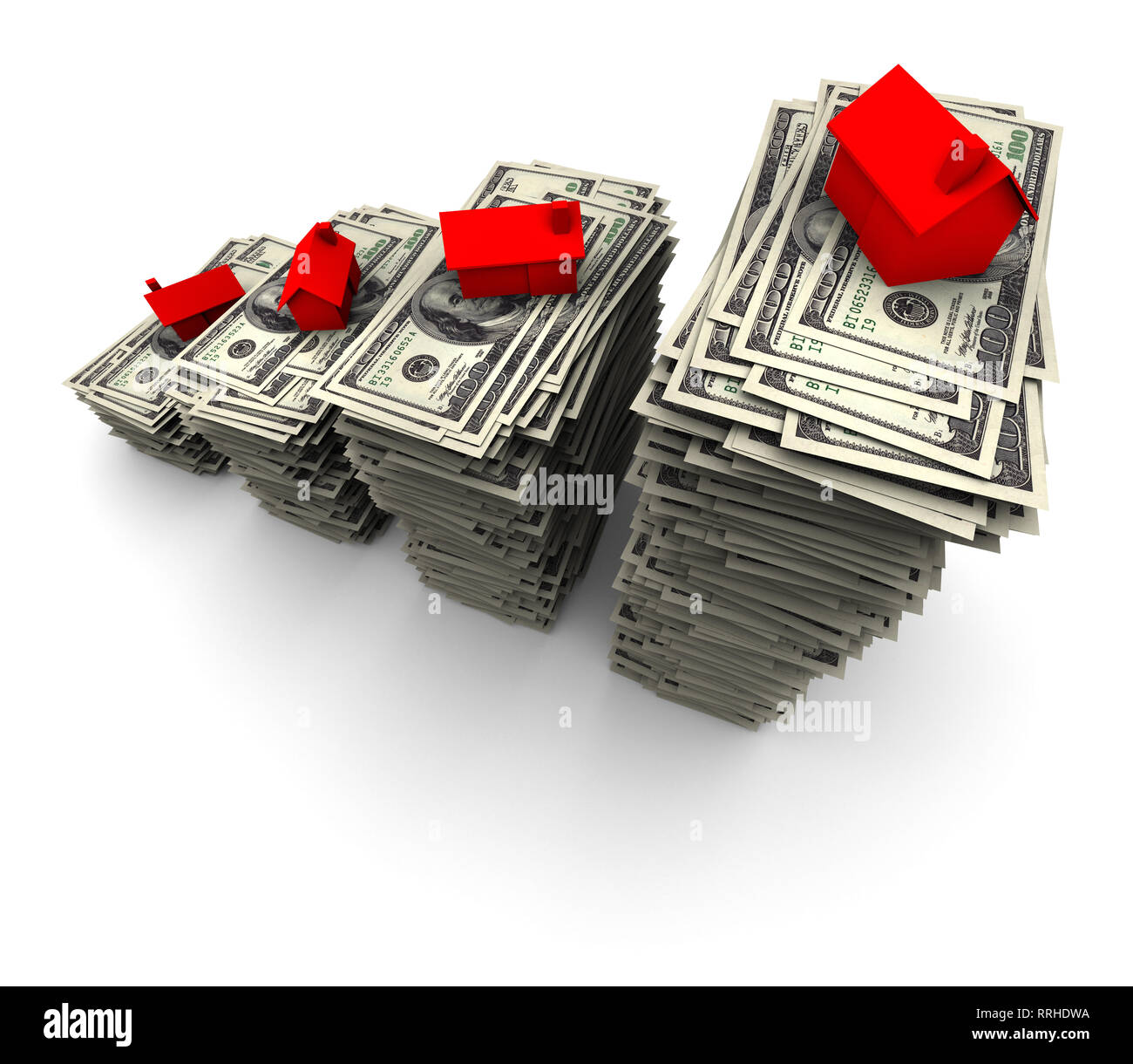 Alta risoluzione 3D illustrazione della casa rossa seduta sulla pila di mille 100 fatture del dollaro. Foto Stock