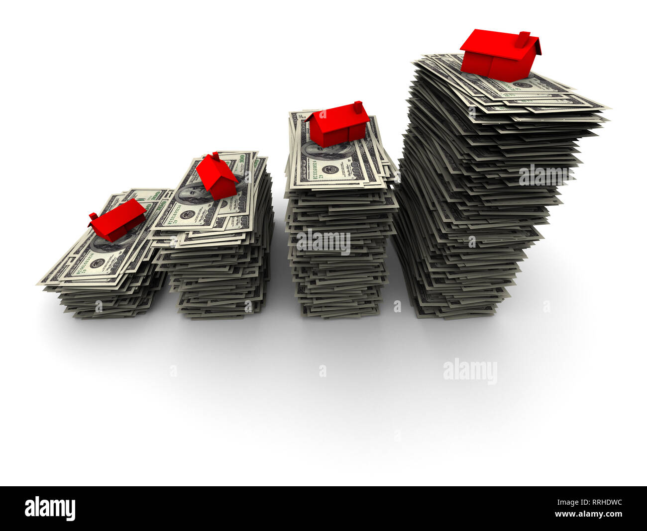 Alta risoluzione 3D illustrazione della casa rossa seduta sulla pila di mille 100 fatture del dollaro. Foto Stock