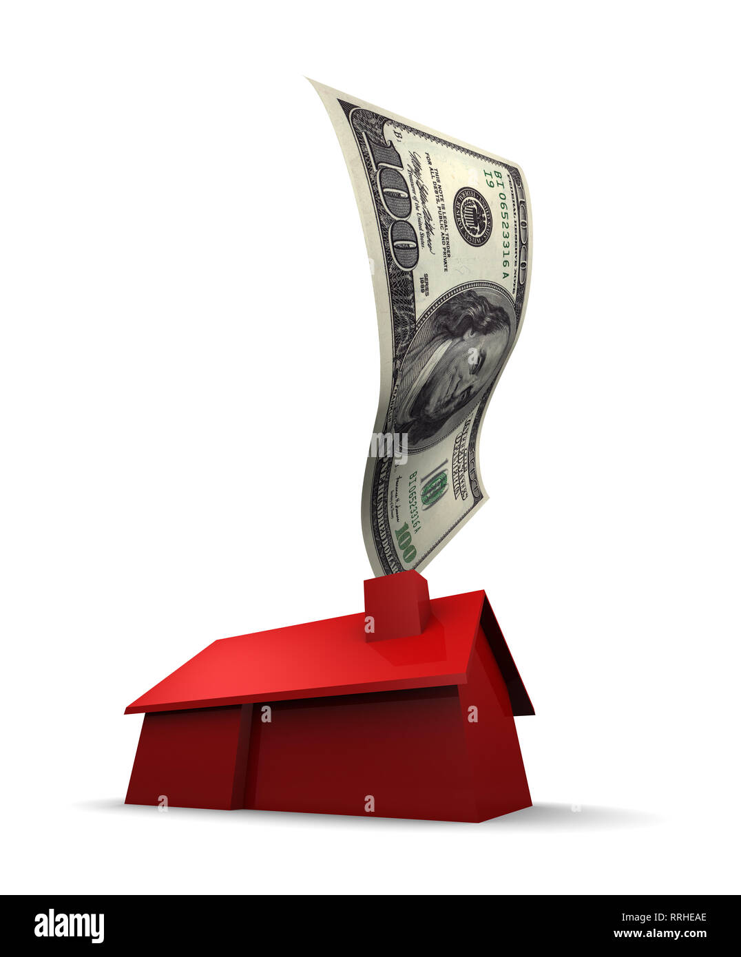 3D illustrazione di una casa rossa con U.S. 100 dollari in uscita del camino. 3D illustrazione isolati su sfondo bianco. Foto Stock
