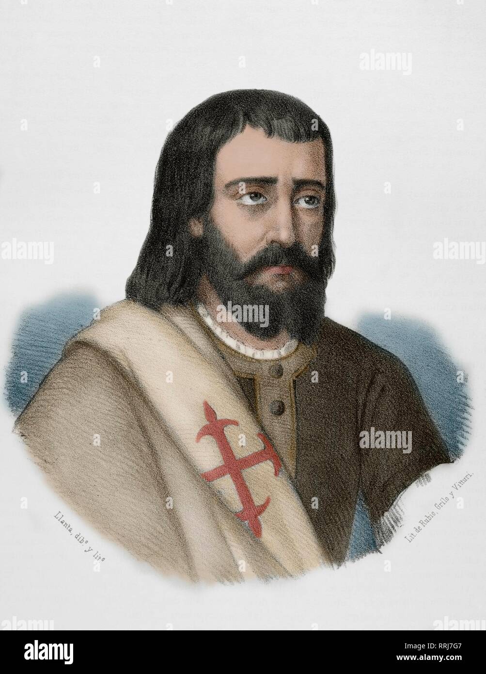 Juan Alfonso de Carvajal (siglo XIV). Caballero y Comendador de la Orden de Calatrava y servidor del Rey Fernando IV de Castilla. Condenado a muerte junto a su Hermano Pedro Alfonso por el propio rey en 1312. Dibujo por Llanta. Retrato. Litografía. Coloreada. Crónica General de España, Historia Ilustrada y Descriptiva de sus Provincias. Andalucía, 1869. Foto Stock