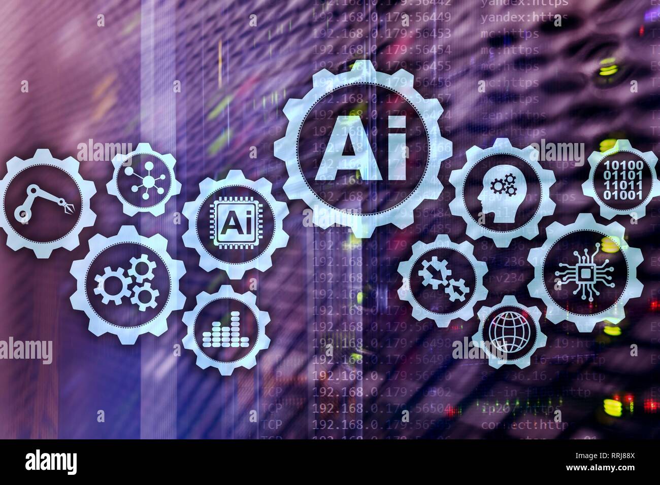 Intelligenza artificiale hi-tech tecnologie business concetto. Futuristica sala server sfondo. AI Foto Stock