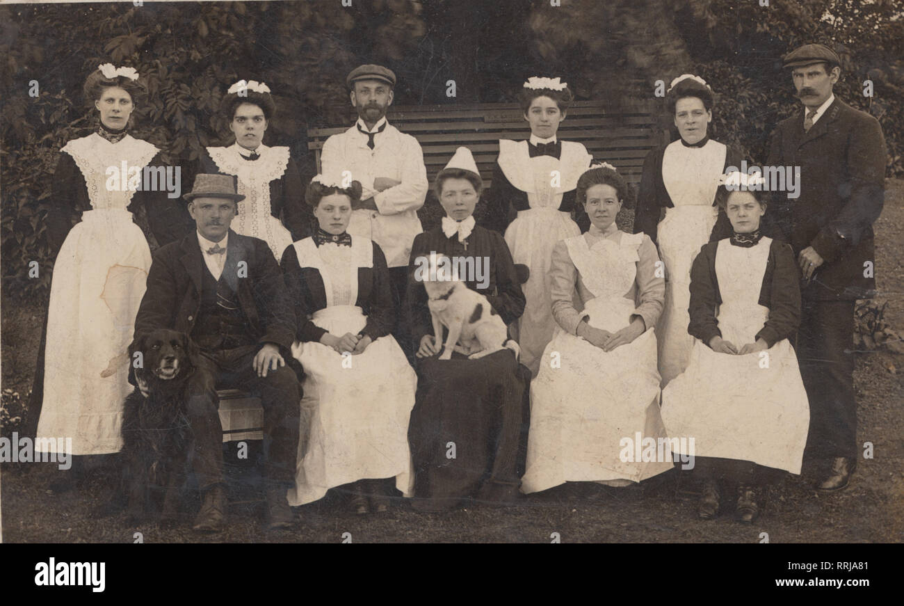 Vintage Edwardian Cartolina fotografica che mostra un gruppo di funzionari nazionali e un cane da compagnia. Foto Stock