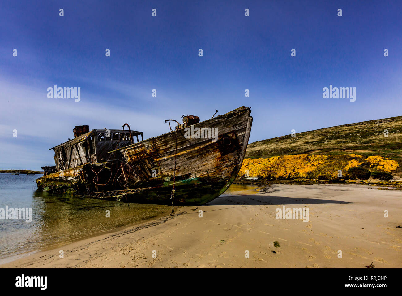 Vista da una nave abbandonata sulla nuova isola, Isole Falkland, Sud America Foto Stock