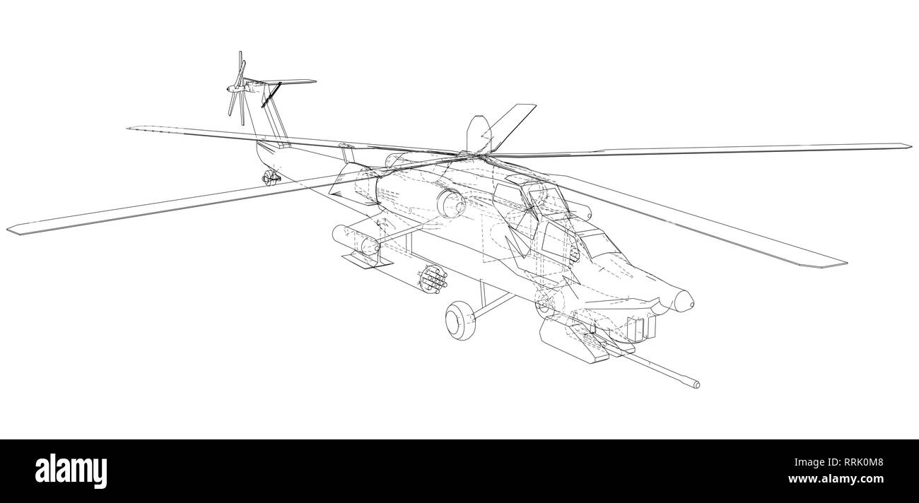 Disegno di elicottero, vettore concetto wireframe. Creato illustrazione di 3d. Gli strati di visibile e invisibile di linee sono separate. Illustrazione Vettoriale