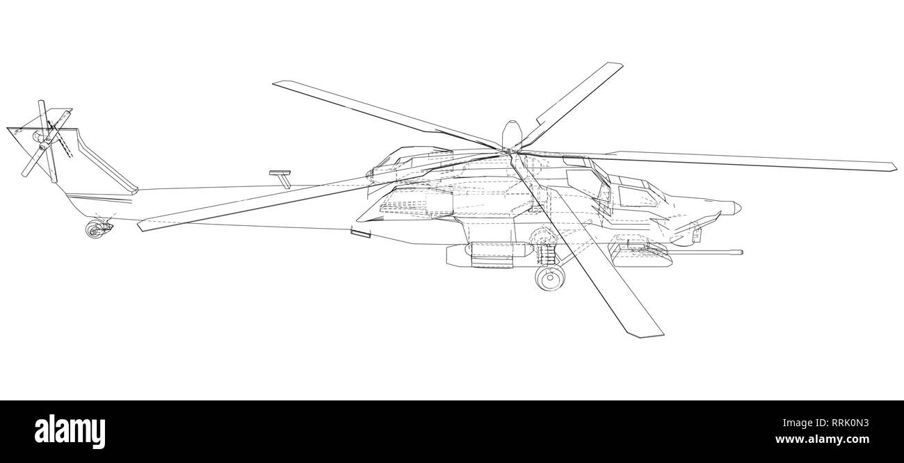 Disegno di elicottero, vettore concetto wireframe. Creato illustrazione di 3d. Gli strati di visibile e invisibile di linee sono separate. Illustrazione Vettoriale